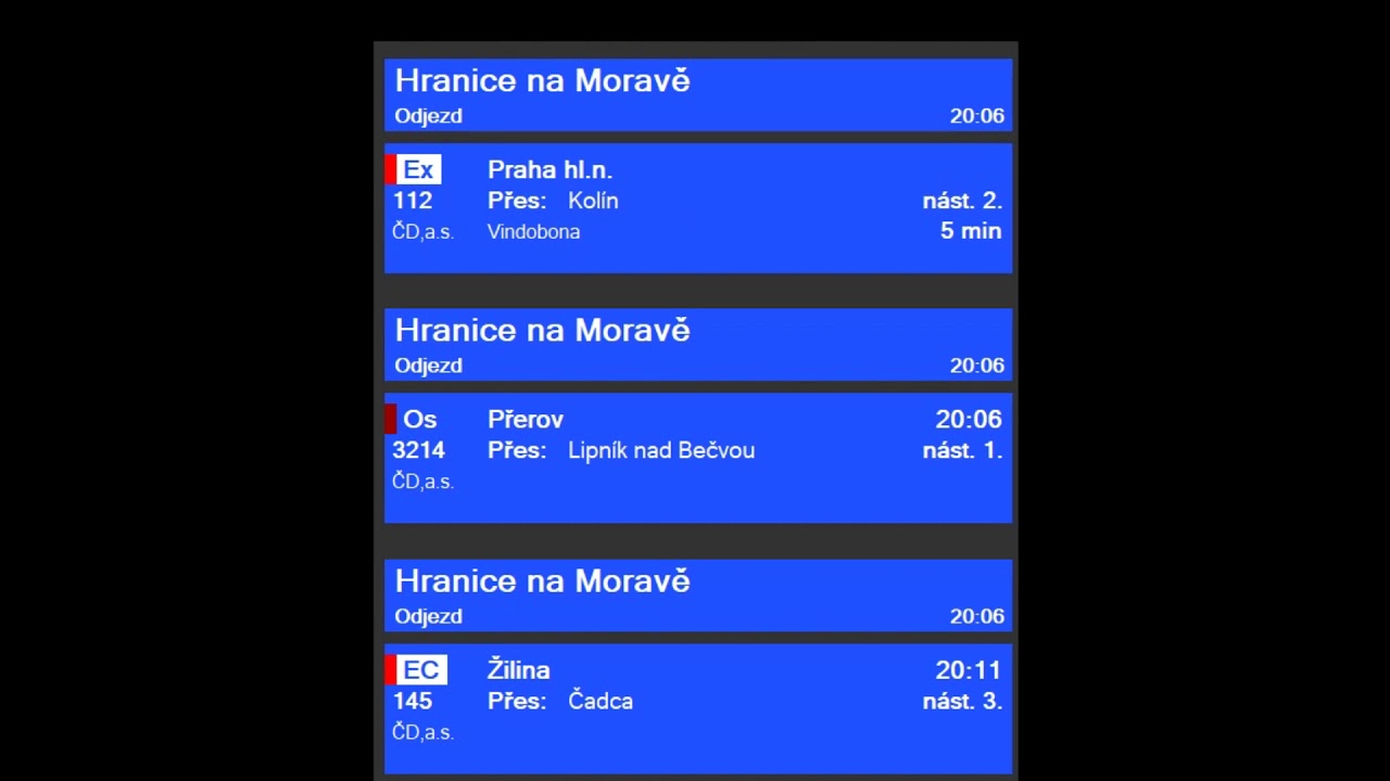 Hlášení vlaků ve stanici Hranice na Moravě | INISS
