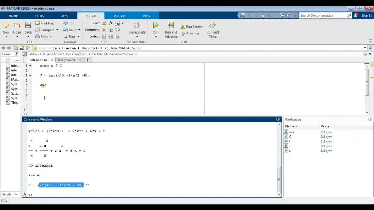 How to Evaluate Definite and Indefinite Integrals in MATLAB with Constant of Integration (+C )