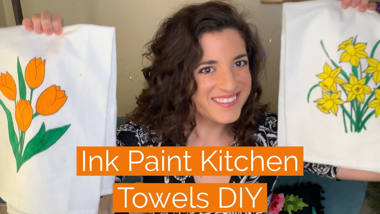 Easy DIY Painted Kitchen Towels Tutorial using Derwent Inktense & Iron On Embroidery Transfers