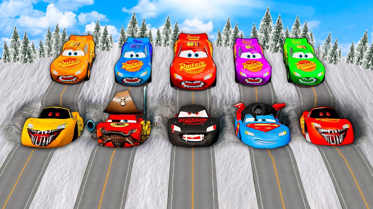 Mega Pixar Cars Pit Transform Big & Small Lightning McQueen Into Evil Mcqueen! BeamNG.Drive Battle!