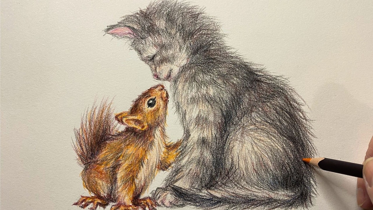 ASMR Colored Pencil Sketch | Cat and Squirrel | No Talking