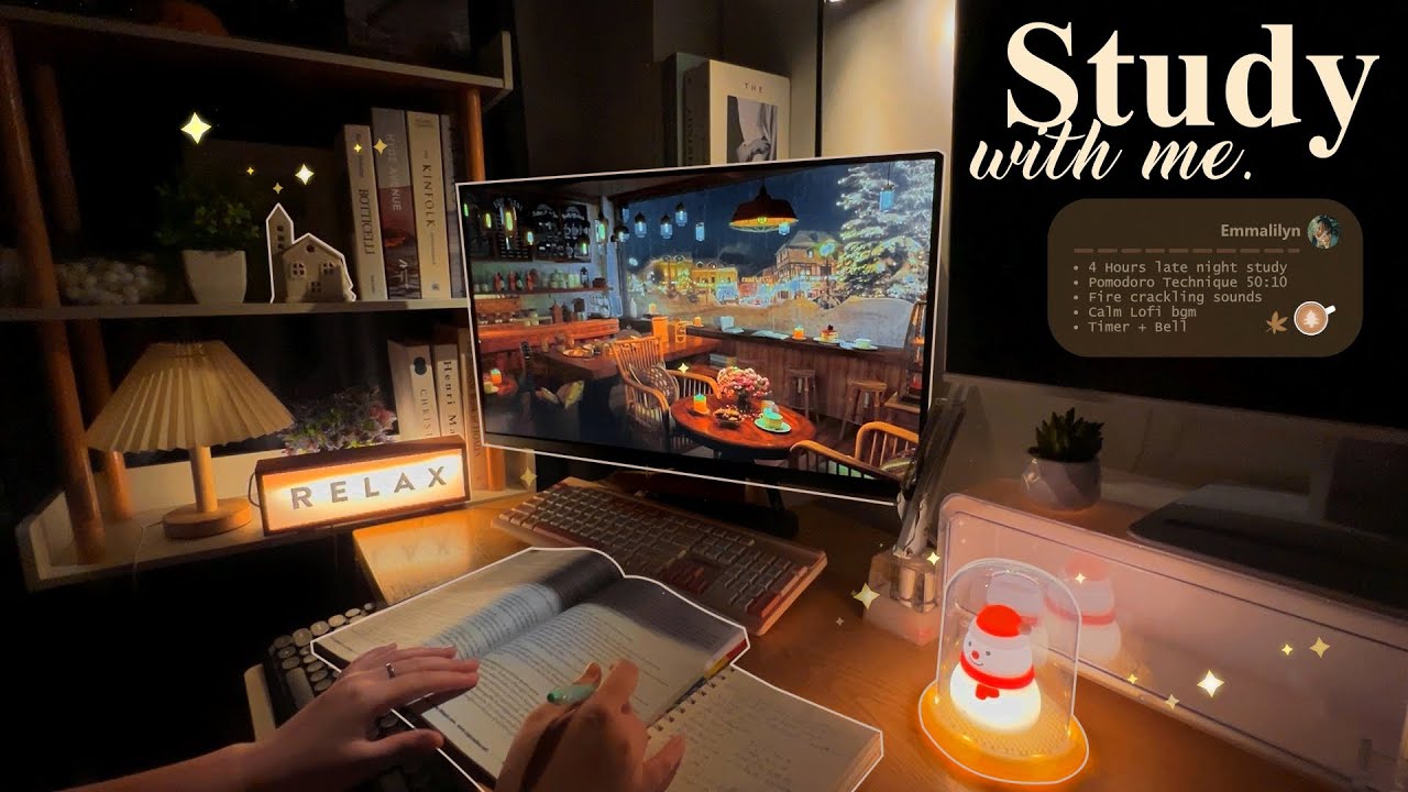 4-HOUR 🍂 Late Night Study With Me • Fire Crackling🕯️+ Lofi bgm • Pomodoro 50-10 • Day287⛄