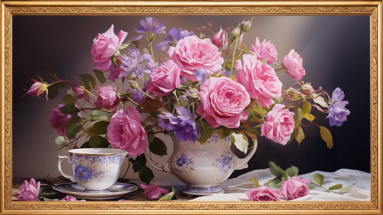Roses and Tea Frame TV Art | Golden Frame | TV Screensaver | 4K | Optional Audio
