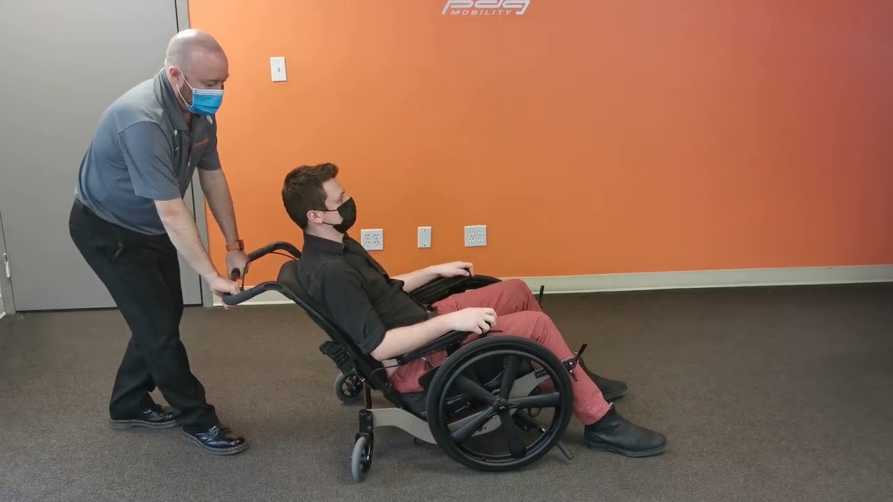 Demonstration of the new Bentley LT-R lightweight tilt wheelchair with reverse wheel layout