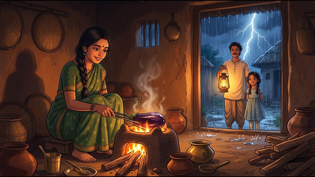 1990s Indian Village Storm Night 🌩️ | Power Cut, Lantern & Baingan Bharta | Ghibli ASMR