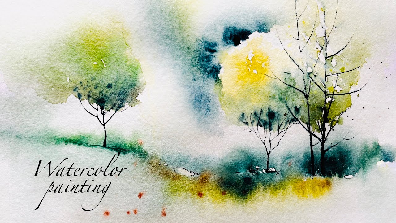 landscape painting tutorial . beautiful trees . watercolor painting for beginners