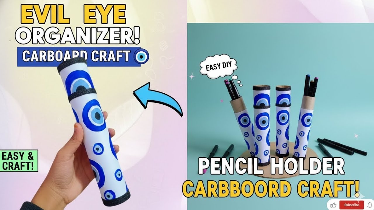 ✨Evil Eye Pencil Holder 🥰🧿 | Cardboard Organizer DIY | Best Out of Waste🌼 #organizer #craft #art 