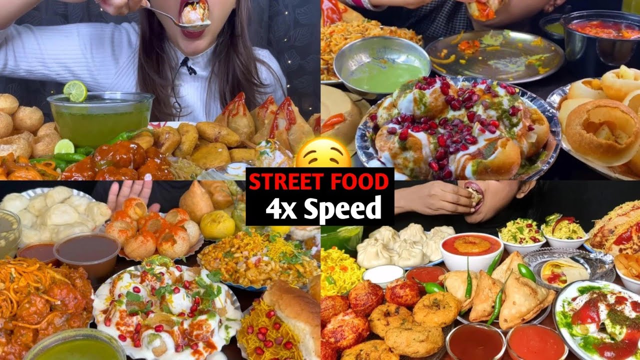 ASMR Eating SWEET/SPICY Street Food | Panipuri,Dahipuri,Samosa,Momo etc |Mukbang Compilation At 4x |