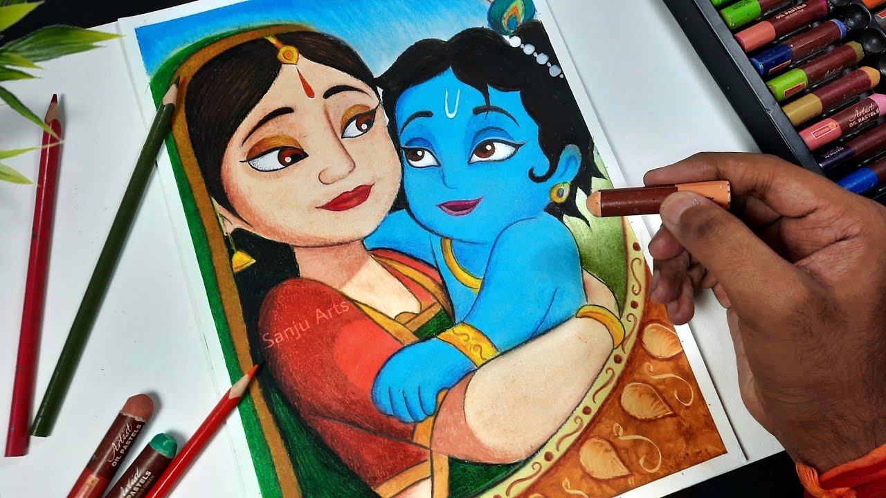 Mothers day drawing,  krishna drawing,  Oil pastel drawing, Sanju Arts  ( Part 2 )