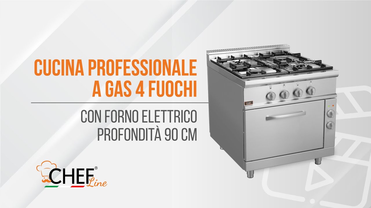 Cucina Professionale a Gas 4 Fuochi con Forno Elettrico Profondit&agrave; 90 cm CHF4GT9+FE-EKO - Chefline