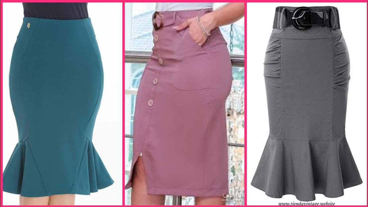 Western fashion high flair office wear plain cotton Ruffle Hem Mermaid bodycon skirts designs