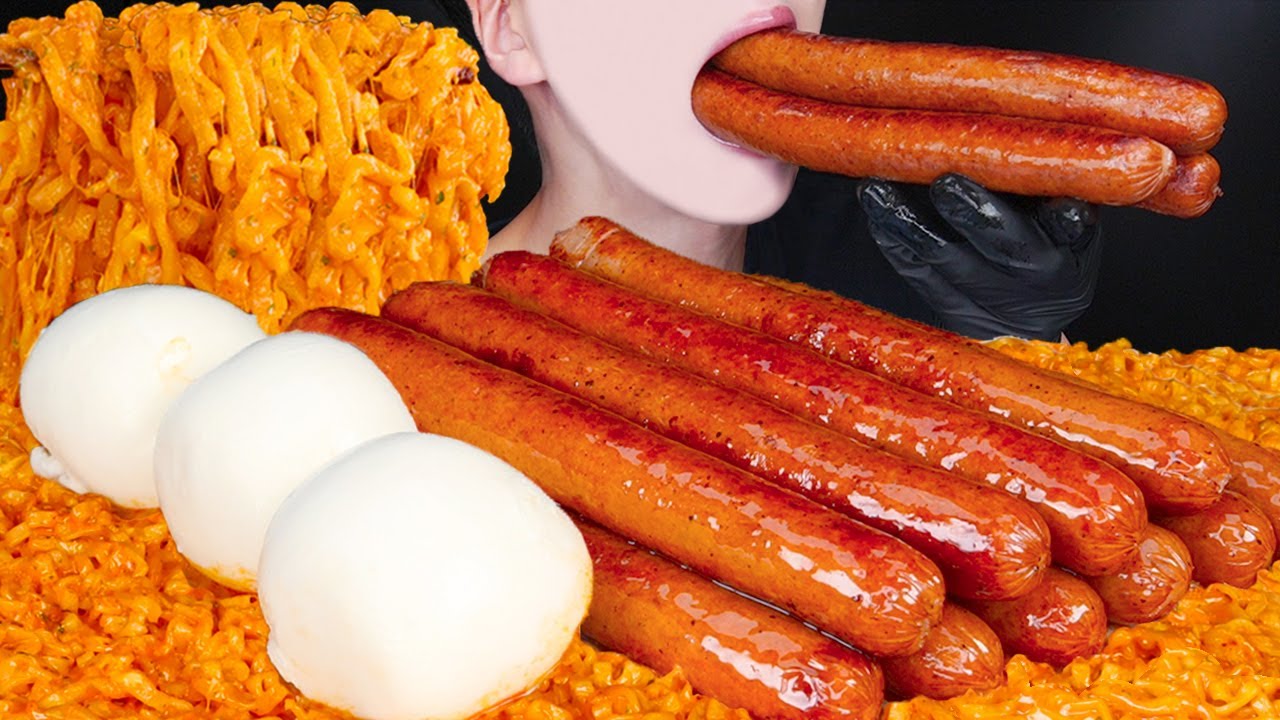 ASMR SAUSAGE BURRATA CHEESE CARBO FIRE NOODLES NUCLEAR FIRE SAUCE COOKING MUKBANG 먹방咀嚼音EATING SOUNDS