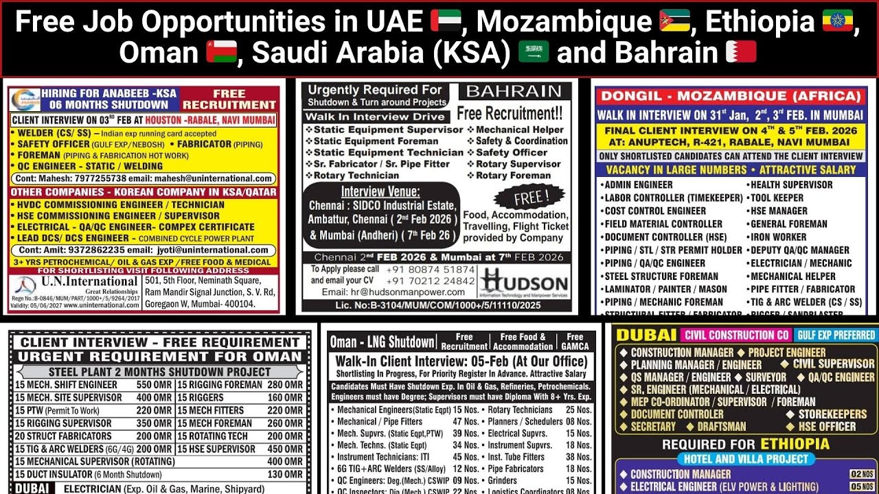 Free Job Opportunities in UAE 🇦🇪, Mozambique 🇲🇿, Ethiopia 🇪🇹, Oman 🇴🇲, KSA 🇸🇦 and Bahrain 🇧🇭, Qatar