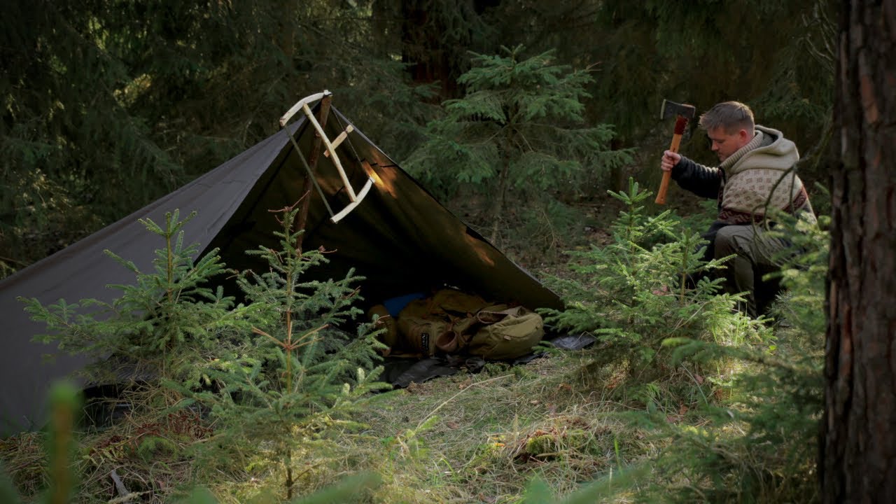 2 Days Solo Bushcraft Trip, Part 1, Silent Nature, Spring, Wood Carving, Camp Building, Frame Saw