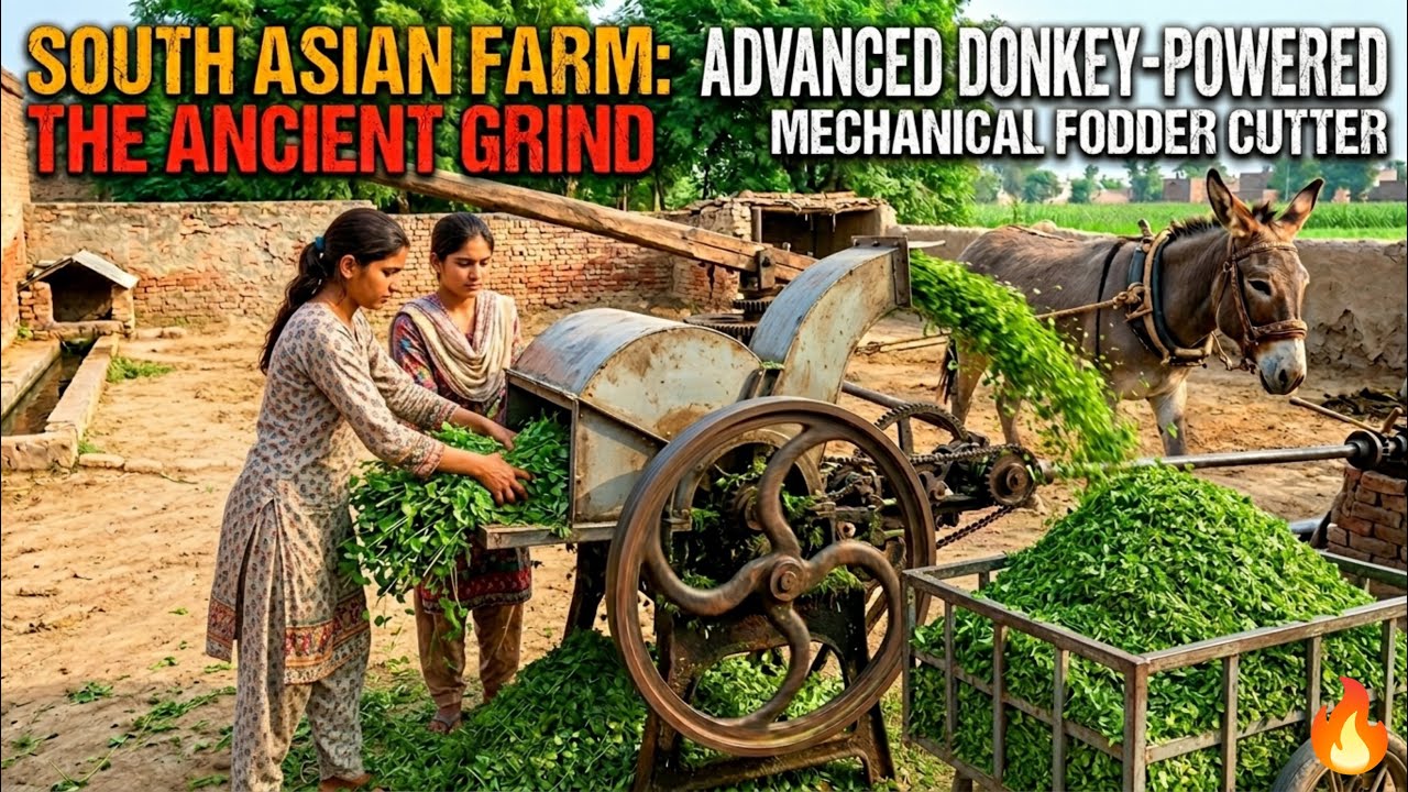 Antique Donkey-Powered Mechanical Fodder Processor #cow #jcb #asmr #asmrvideo #cowvideos #shortsfeed