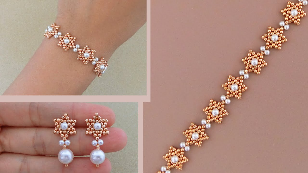 DIY Beaded Star Bracelet and Beaded Earrings Set with Pearls and Seed Beads. Beading Tutorial