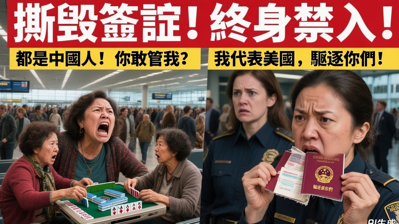 中國大媽旅遊團紐約機場擺麻將桌、怒吼都是中國人憑什麼管我們！華裔女移民官當場撕毀簽證：你們讓幾代華人蒙羞，終身禁入美國！
