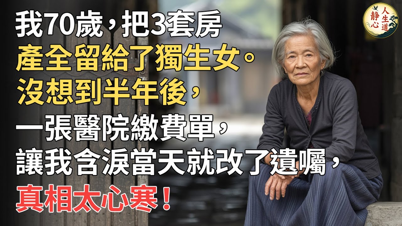 【我70歲】把3套房產全留給了獨生女。沒想到半年後，一張醫院繳費單，讓我含淚當天就改了遺囑，真相太心寒！