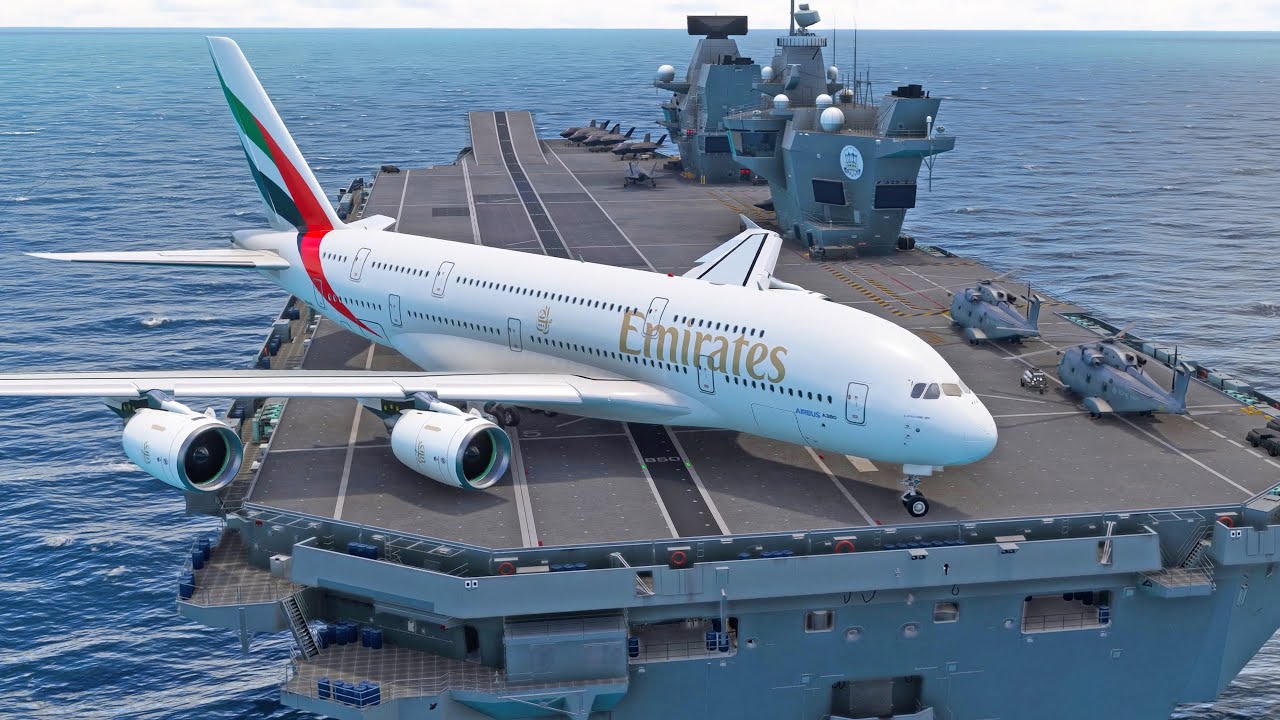 This is Crazy! Airbus A380 Emirates Takeoff from Aircraft Carrier