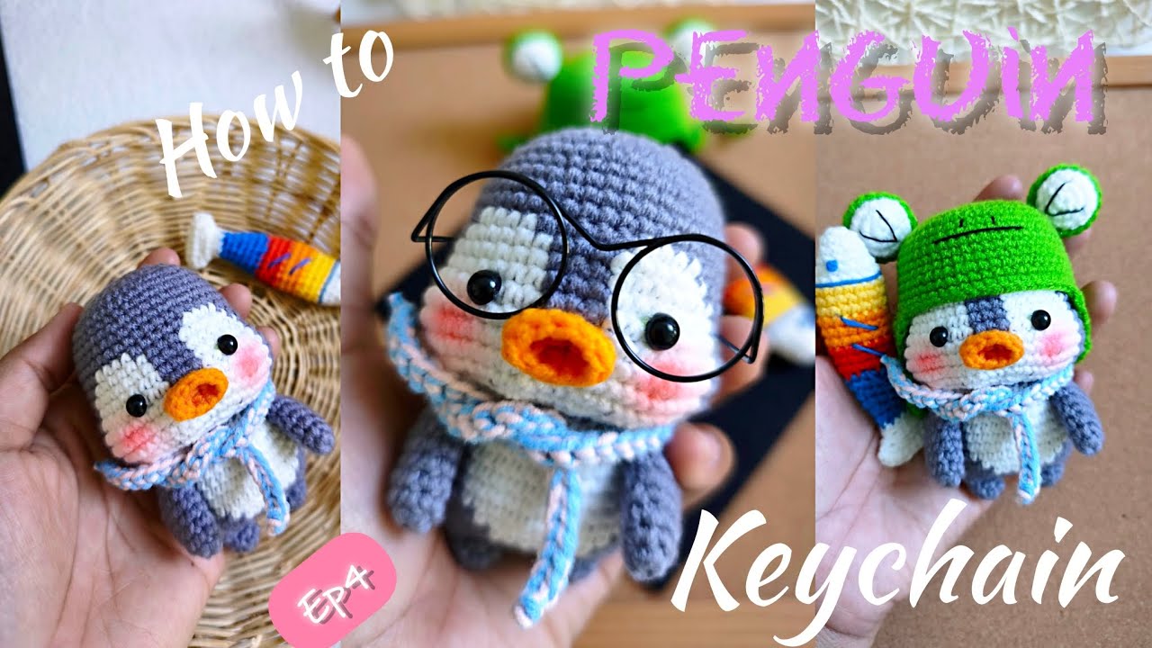 (4)How to Crochet Penguin with frog hat and fish | Amigurumi keychain Mouth and Wing