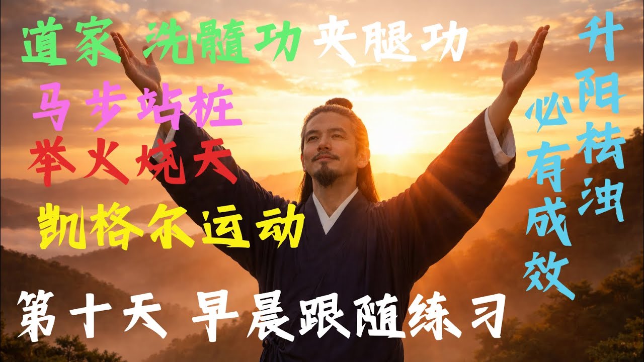 道家洗髓功 夹腿功 凯格尔 举火烧天 垫脚提肛 马步站桩 揉腹点穴 第十天 早上锻炼 跟随练习 坚持不懈 必有成效
