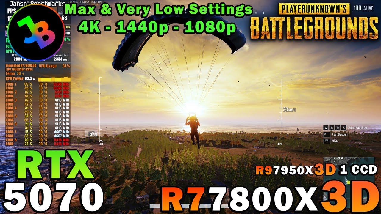 PUBG | RTX 5070 | Sim. R7 7800X3D | 4K - 1440p - 1080p | Max & Very Low Settings