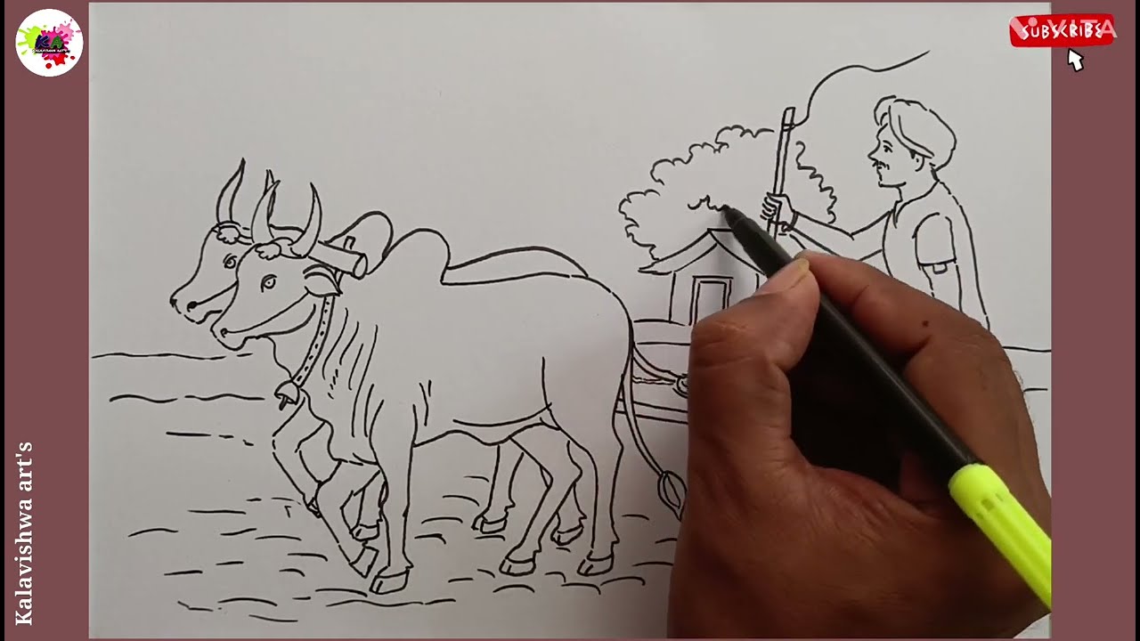 farmer drawing/farmer drawing easy step by step/village scenery drawing/शेतात काम करणारा शेतकरी