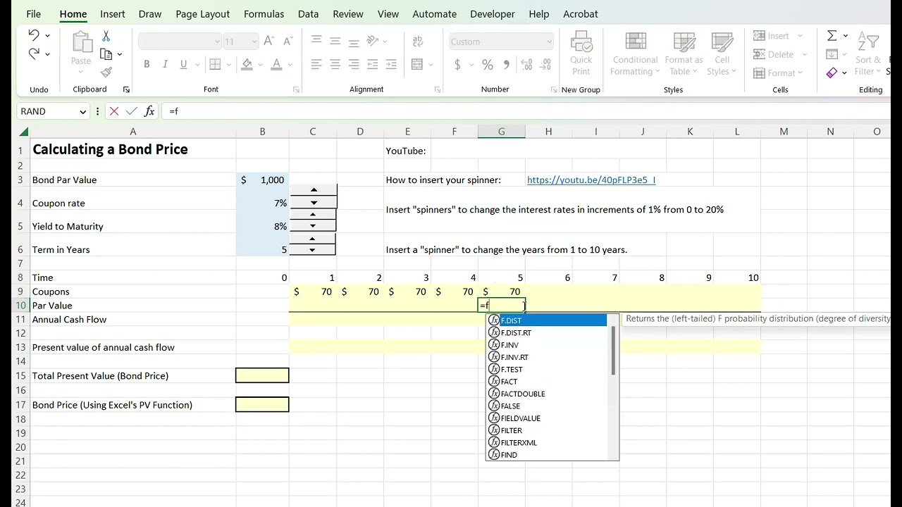 Calculating a Bond Price with Excel