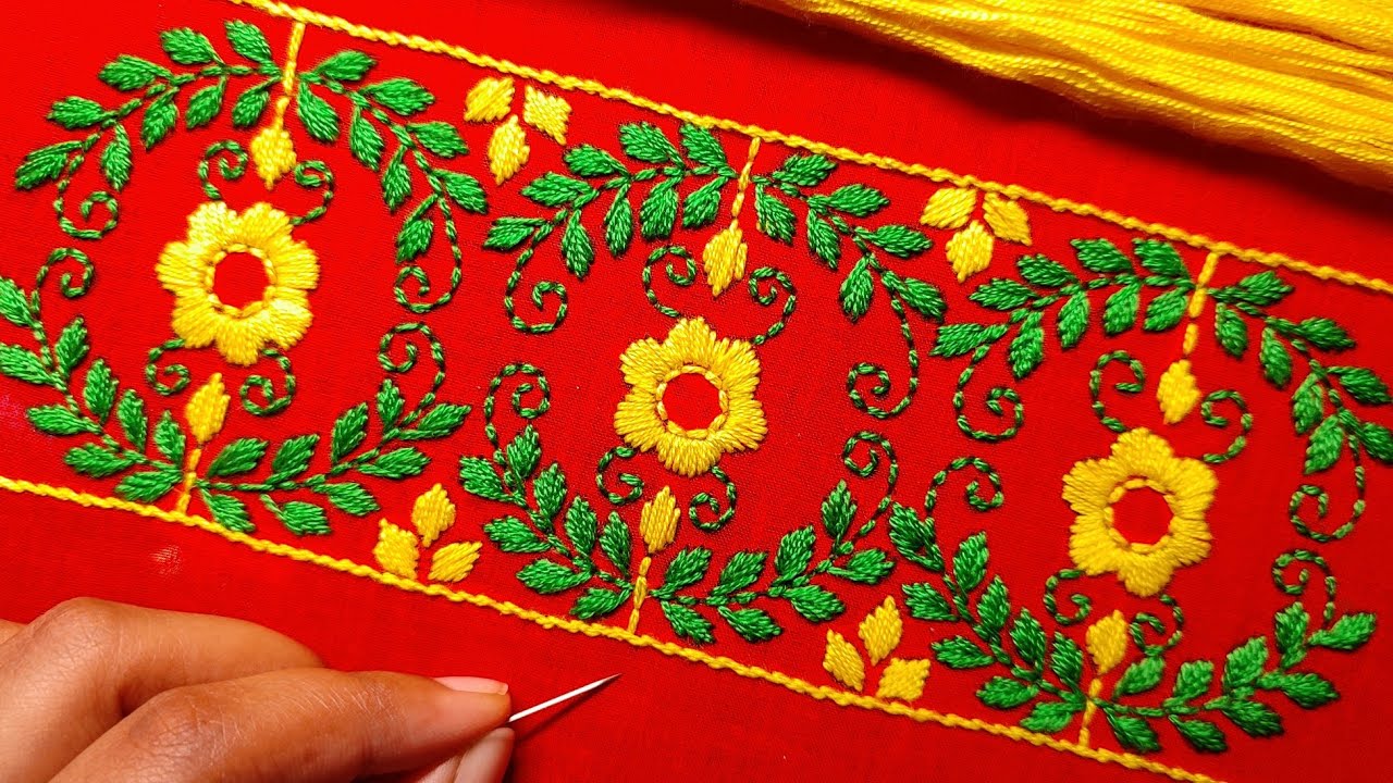 Easy Simple Hand Embroidery Design Outline Border/হাতের কাজের লতাপাতা বর্ডার সেলাই ডিজাইন জামার