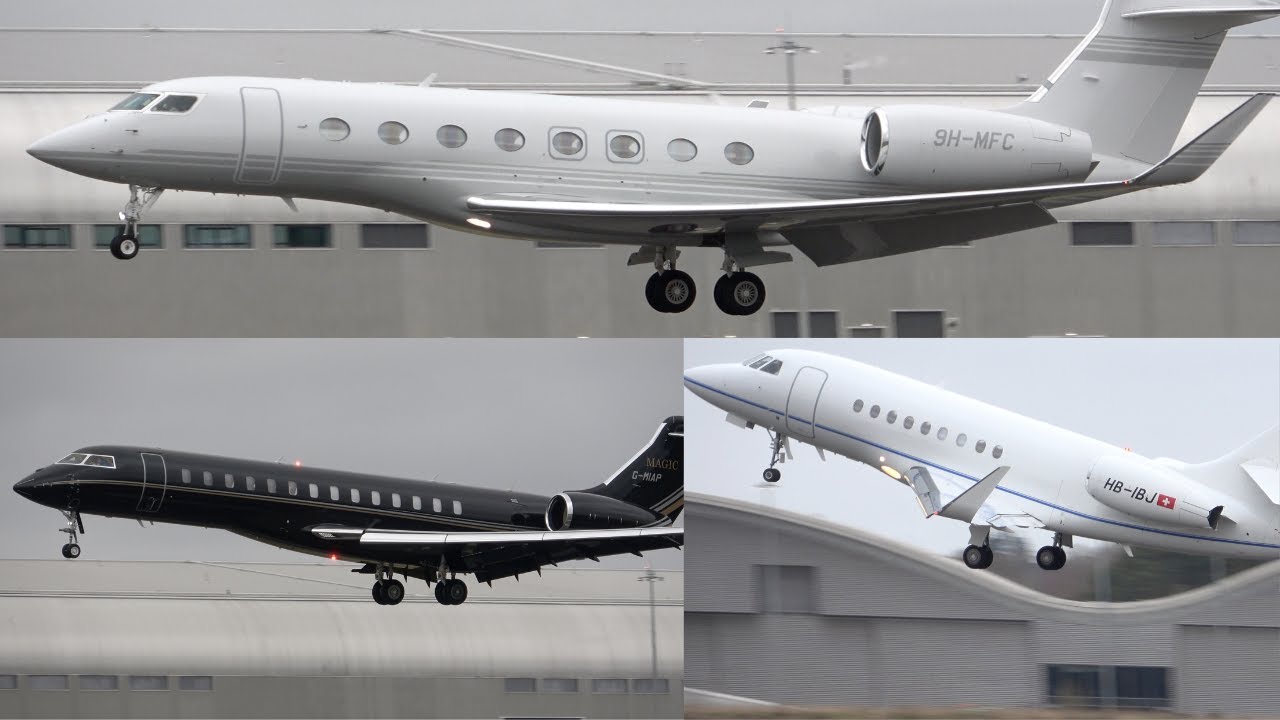 Farnborough. Busy airport departures / arrivals. 8 aircraft types! Runway side views. 17 Feb. 2024