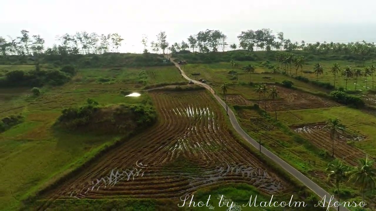 Aerial View of Sunset Beach, Betalbatim, Goa, India. Footage captured in Oct, 2022.