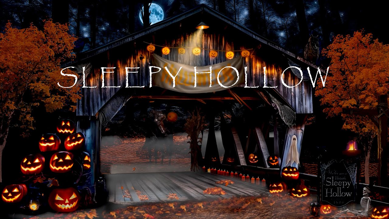 SLEEPY HOLLOW-HEADLESS HORSEMAN HALLOWEEN AMBIENCE-HAUNTED COVERED BRIDGE-GHOSTS-JACK O LANTERNS