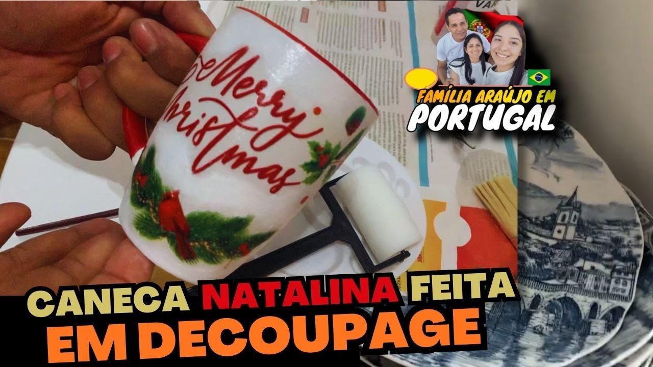 🇵🇹 DIY CANECA NATALINA FEITA COM GUARDANAPO DE DECOUPAGE | PASSO A PASSO