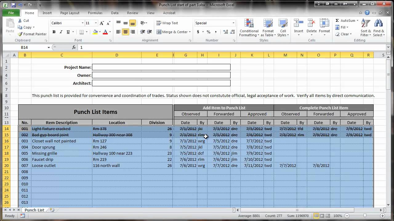 Excel 2010 Construction Punch List - Part III - Conditional Formatting