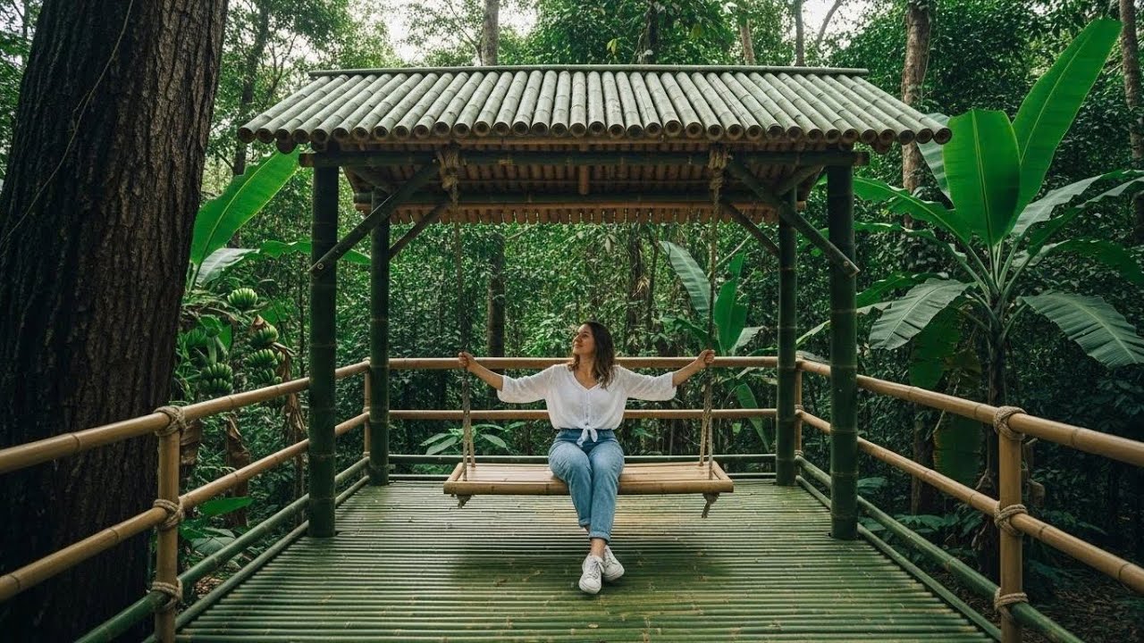 Girl Builds a Beautiful Bamboo Riverside Platform with Swing | Handmade from Natural Materials