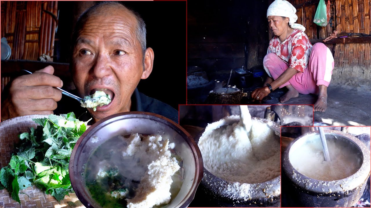 पिथेभात र सिस्नु CORN flour rice with nettle curry in the village || jungle family cooking