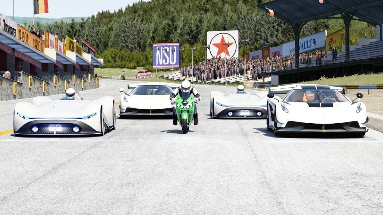 Kawasaki Ninja ZX-14R vs Mercedes-Benz Vision EQ Silver Arrow vs Koenigsegg Jesko at Old SPA