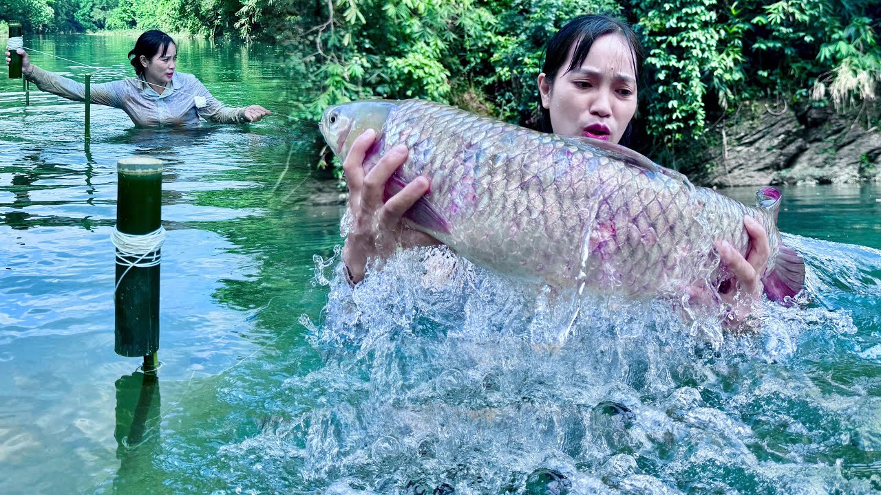 Traditional Fishing Skills - Cold Weather, Catching Giant Fish In The Forest With Bamboo Fishing Rod