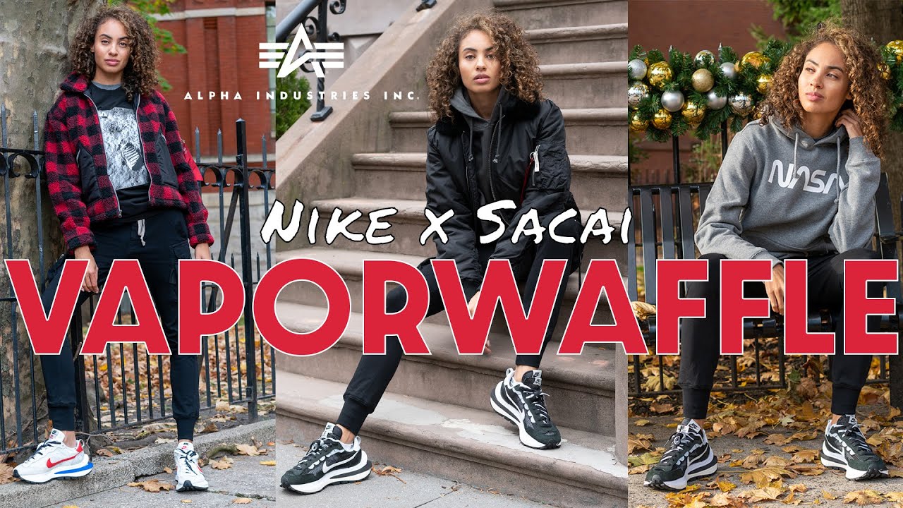 NIKE x SACAI VAPORWAFFLE ON Foot Review: BE CAREFUL with SIZING! @AlphaIndustries_us Styling Lookbook