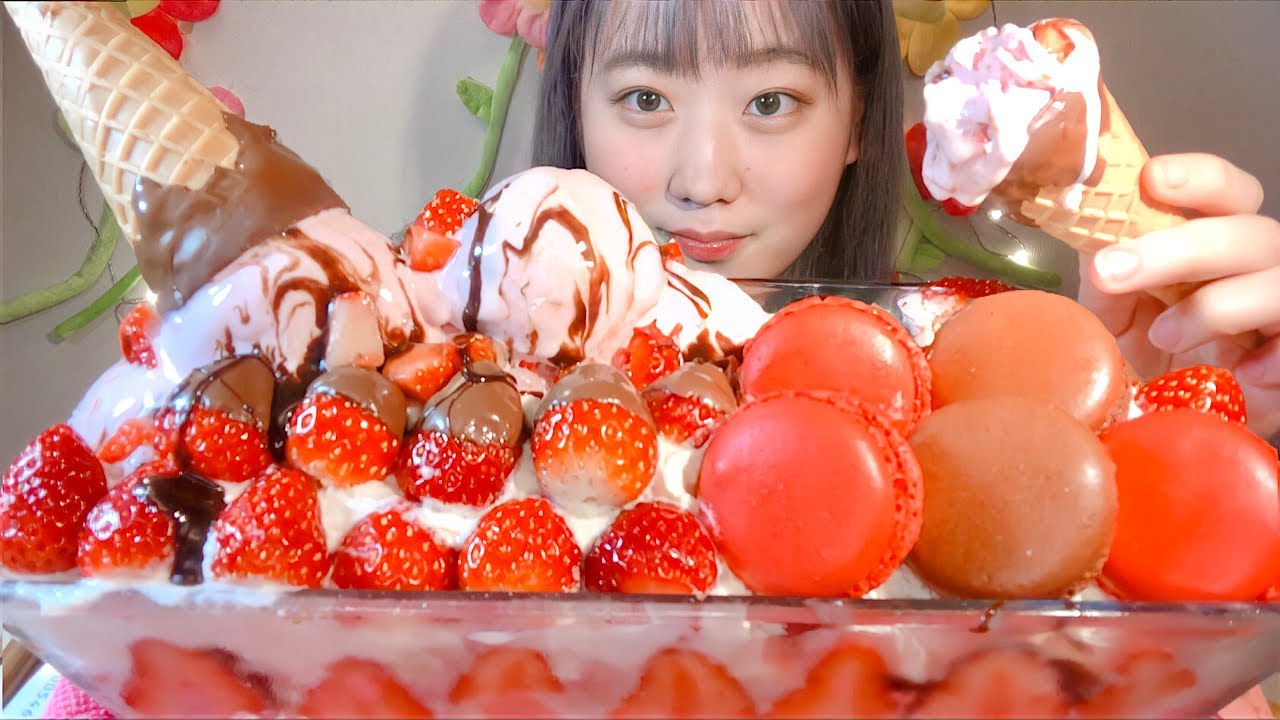 ASMR 苺づくしパフェ Strawberry Parfait 딸기 파르페【咀嚼音/大食い/Mukbang/Eating Sounds】