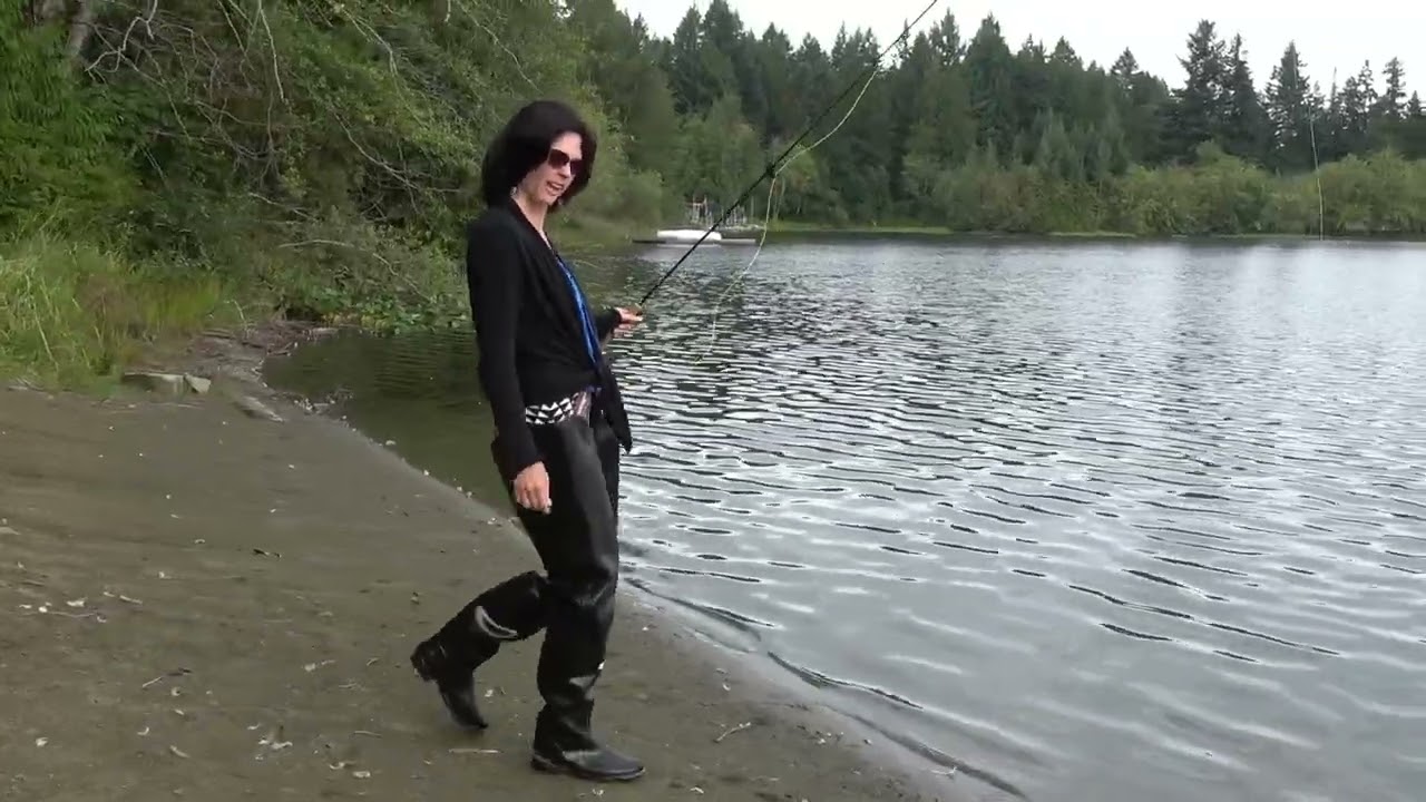 Bootkrazy; Tina Fly Fishing in really Tall Rubber Boots