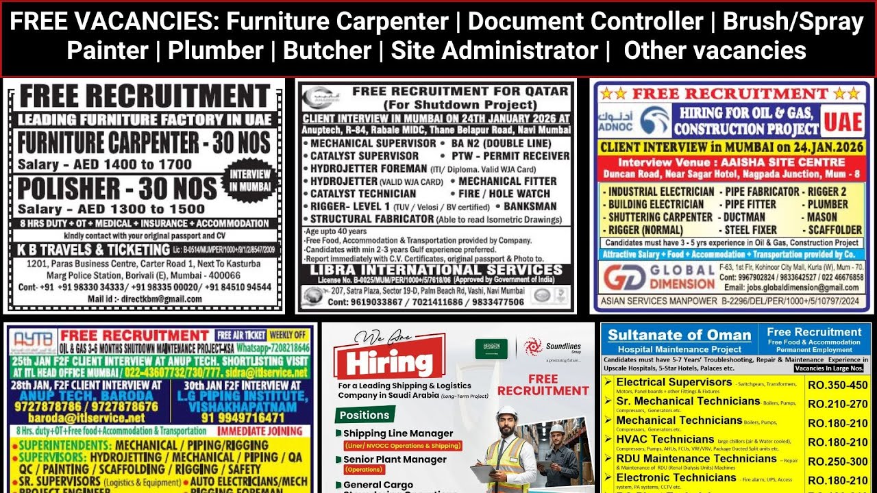Free Jobs Furniture Carpenter | Document Controller | Brush/Spray Painter | Plumber| Other vacancies