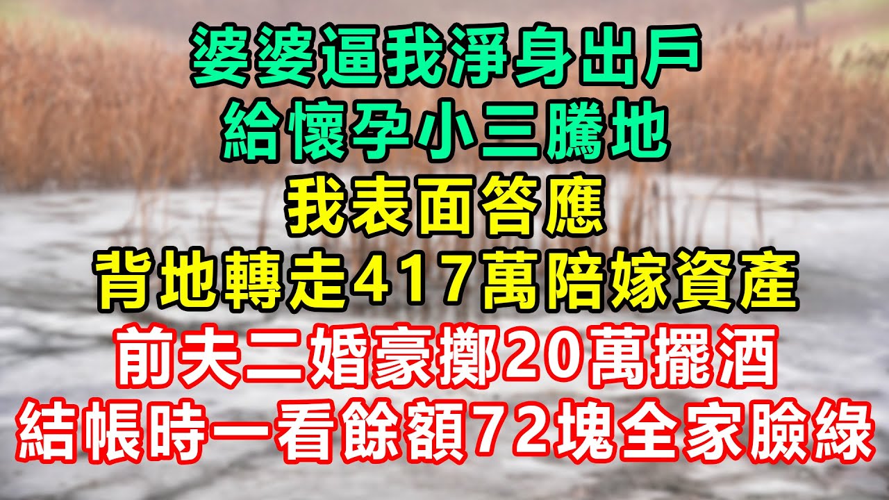 婆婆逼我淨身出戶，給懷孕小三騰地，我表面答應，背地轉走417萬陪嫁資產，前夫二婚豪擲20萬擺酒，結帳時一看餘額72塊全家臉綠