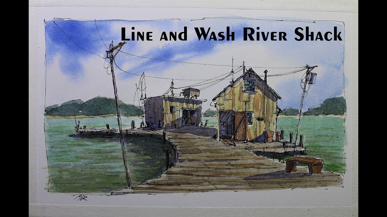 Line and Wash River Shack,Easy style Watercolor By Nil Rocha