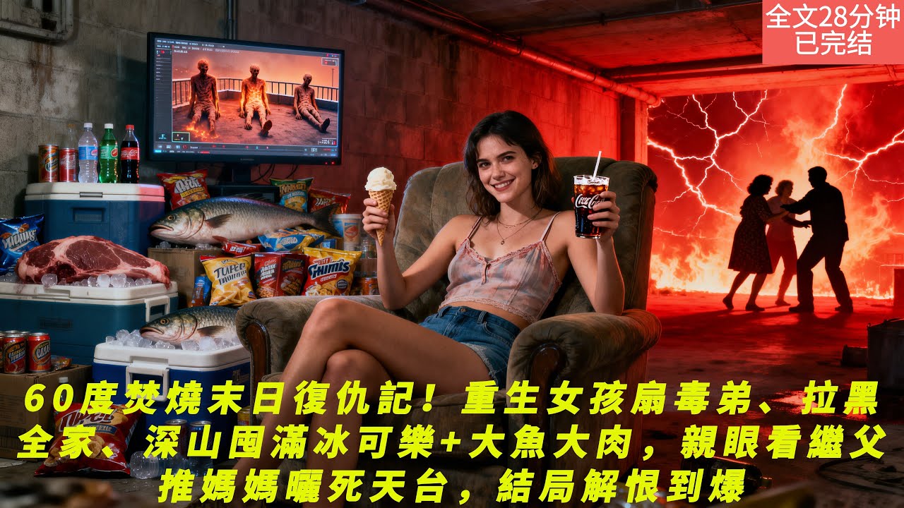 【全文二十八分鐘已完結|一口氣看末世生存系列】60度焚燒末日復仇記！重生女孩扇毒弟、拉黑全家、深山囤滿冰可樂+大魚大肉，親眼看繼父推媽媽曬死天台，結局解恨到爆