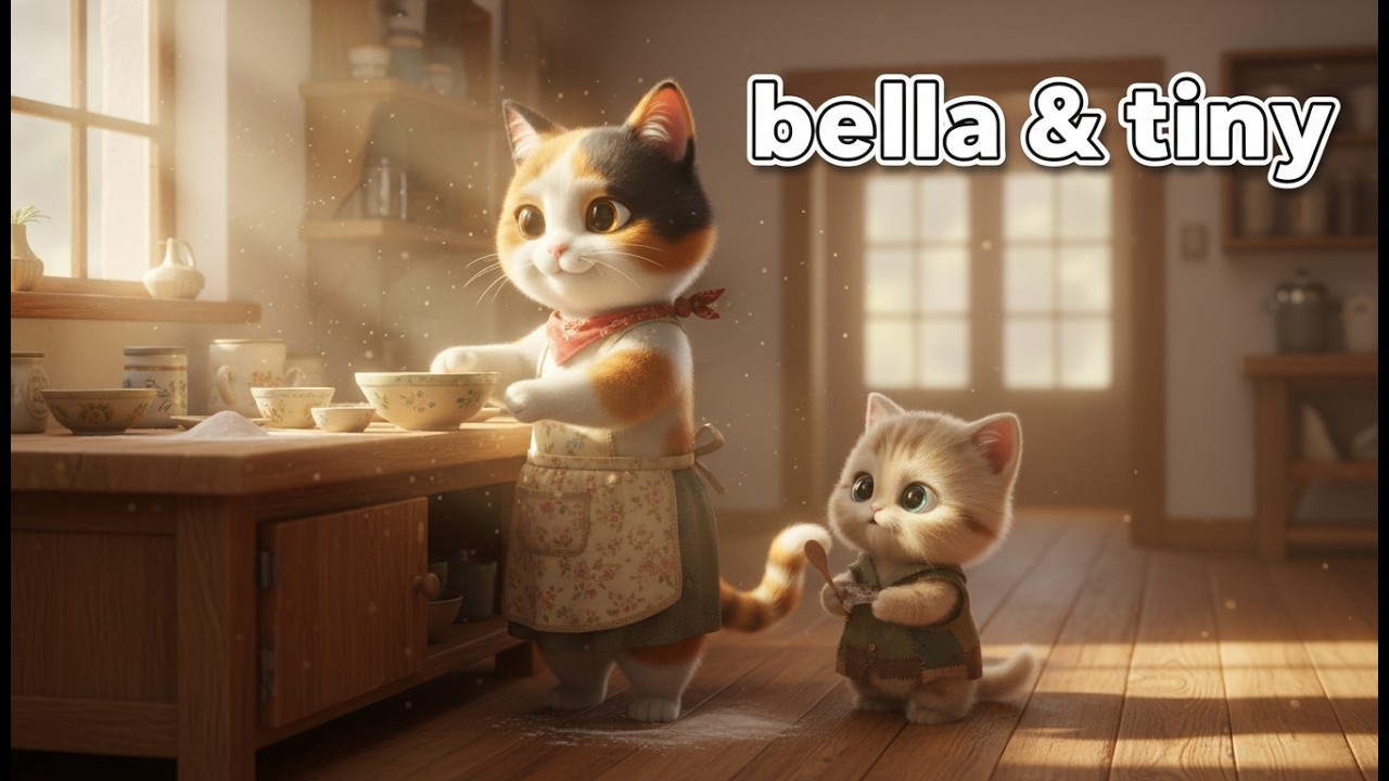 Cat story-The apron is too big for the kitten: Tiny's Baking Fail