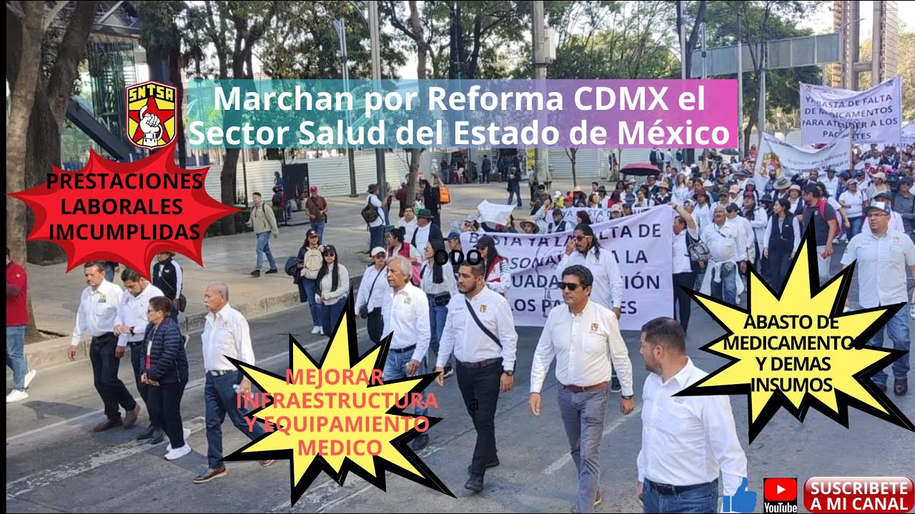 Trabajadores del sector salud del Edomex marchan por Av Reforma hasta la secretaria de Gobernación.