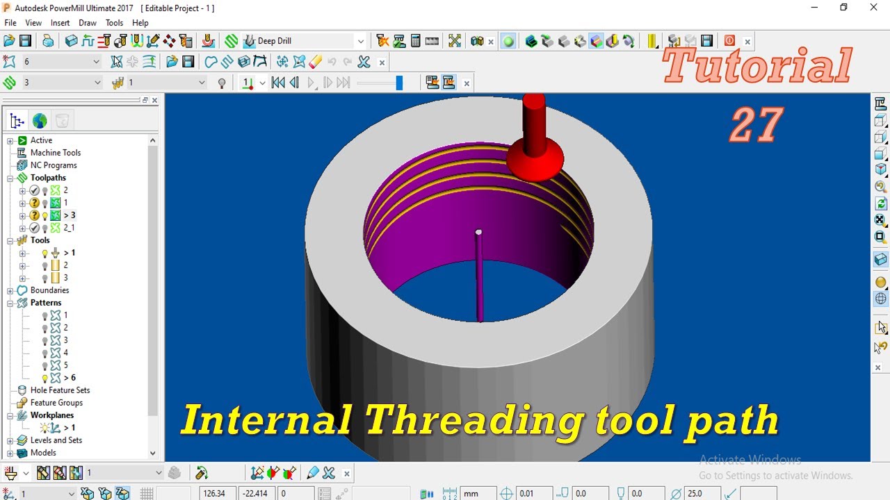 Power Mill  How to Create the Internal Threading tool path Autodesk power mill 2017