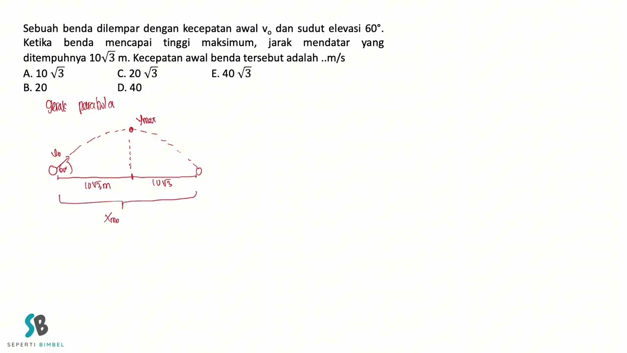 Sebuah benda dilempar dengan kecepatan awal vo dan sudut elevasi 60°  Ketika benda mencapai tinggi m