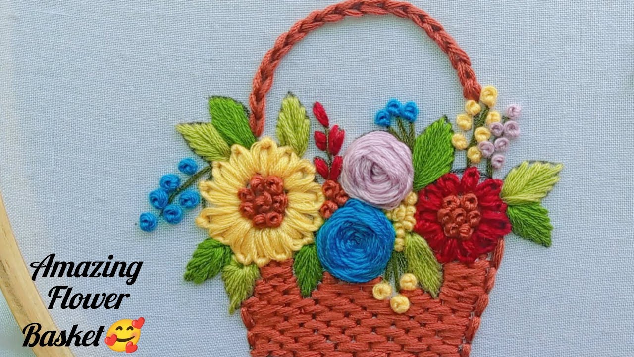 Very Easy Embroidery Flower Basket Design For Beginners 🥰 Hand Embroidery Tutorial By Embroidery Art
